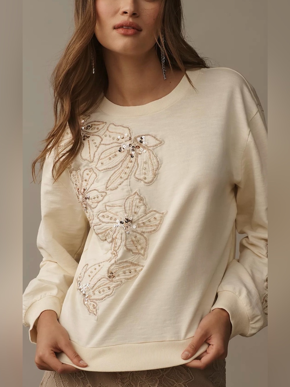 Anthropologie Pilcro Beaded Embroidered Floral Sweatshirt Ivory Size L NWOT